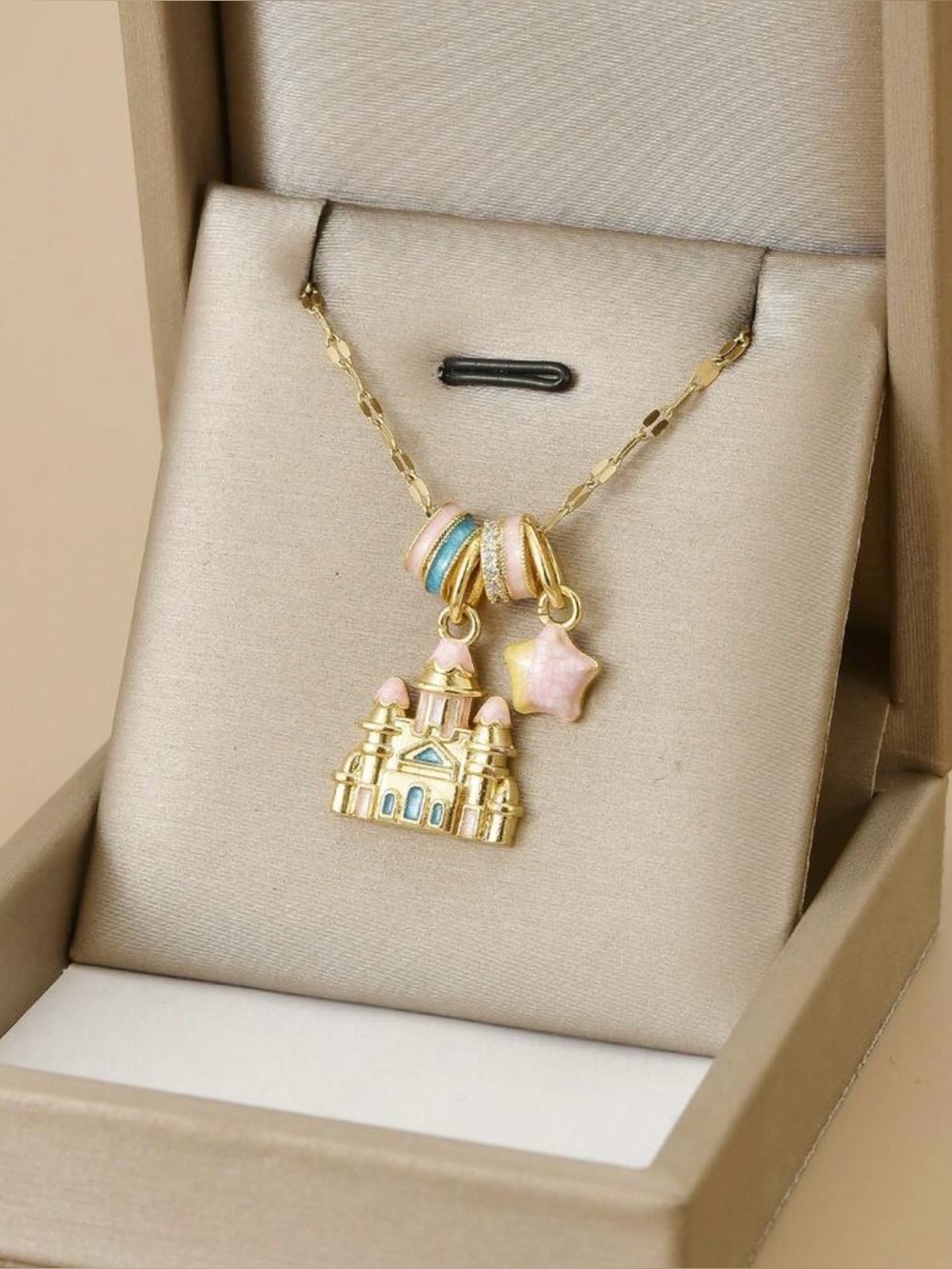 Gold-tone Pink & Blue Castle Charm Necklace with Star Pendant